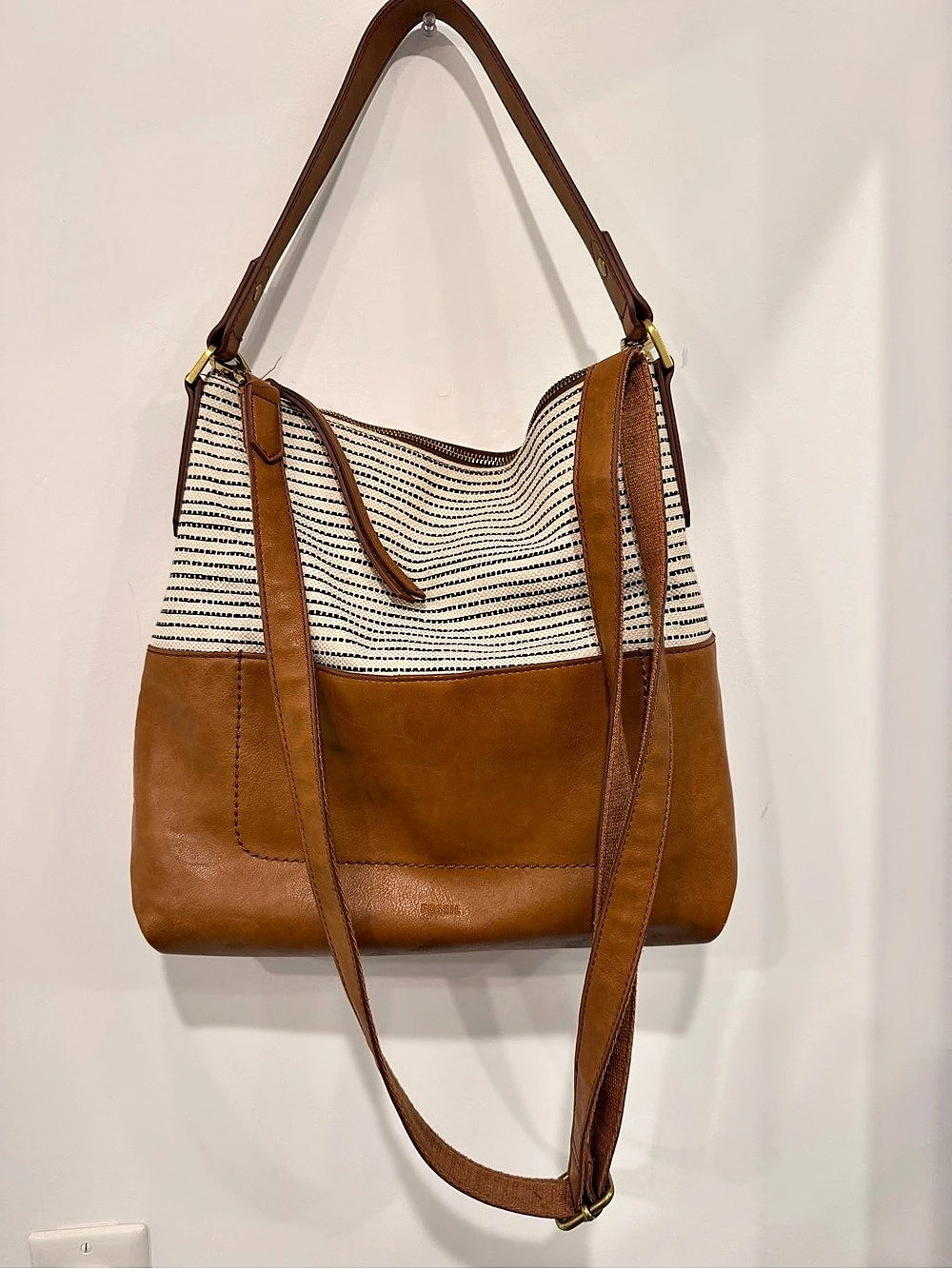 Fossil Striped Leather Shoulder Bag in Brown & White